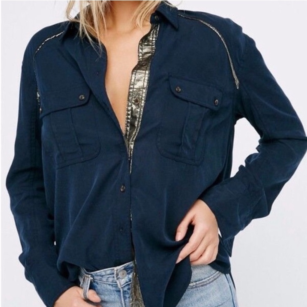 Free People Off Campus Metallic-Detail Long Sleeve Shirt In Navy